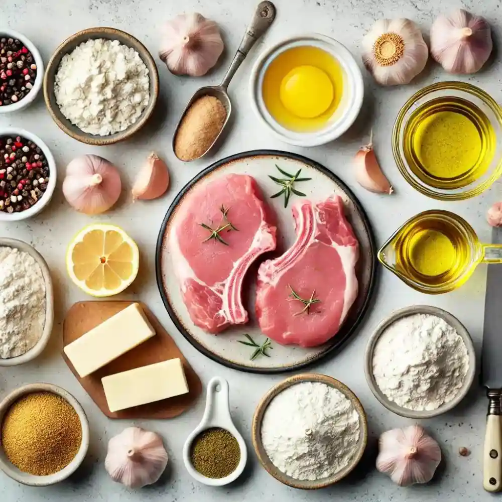 A table filled with fresh ingredients for creamy garlic pork chops, including pork chops, garlic cloves, cream, herbs, and spices.