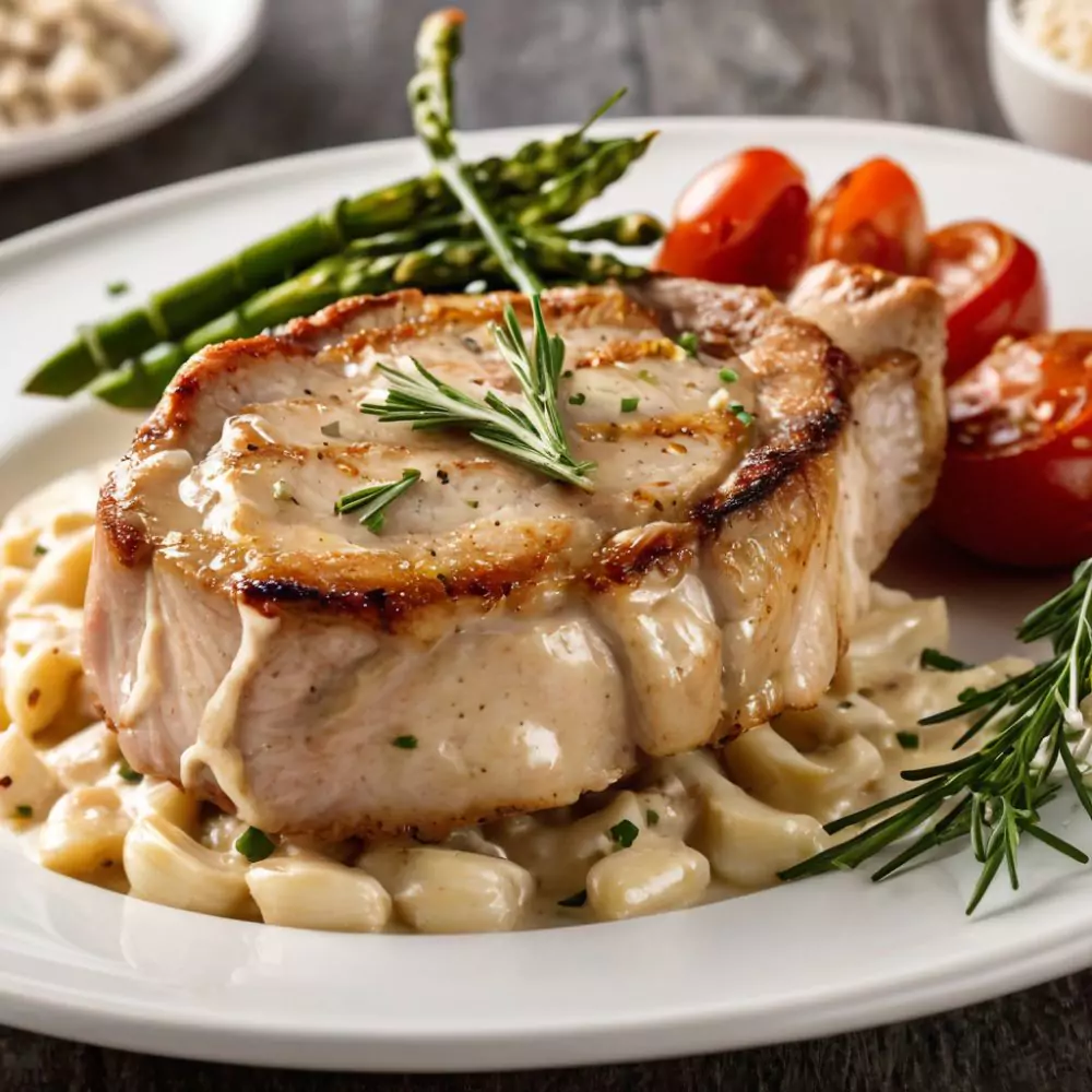 A delicious plate of creamy garlic pork chops served with herbs and a rich, savory sauce.