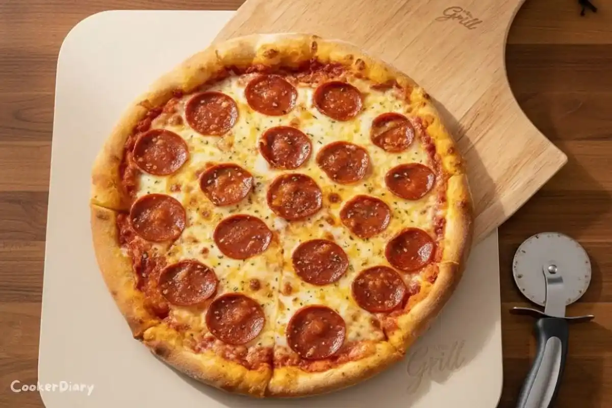 Top-down view of crescent roll pizza with melted cheese and pepperoni on a rectangular pizza stone.