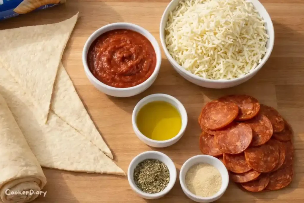 Flat-lay of ingredients for crescent roll pizza including dough, sauce, cheese, and pepperoni.