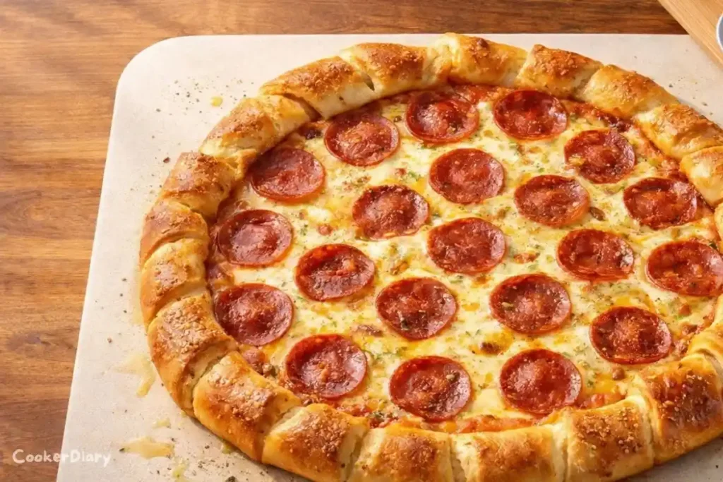 Angled close-up of crescent roll pizza with a lifted slice showing melted cheese and golden crust.