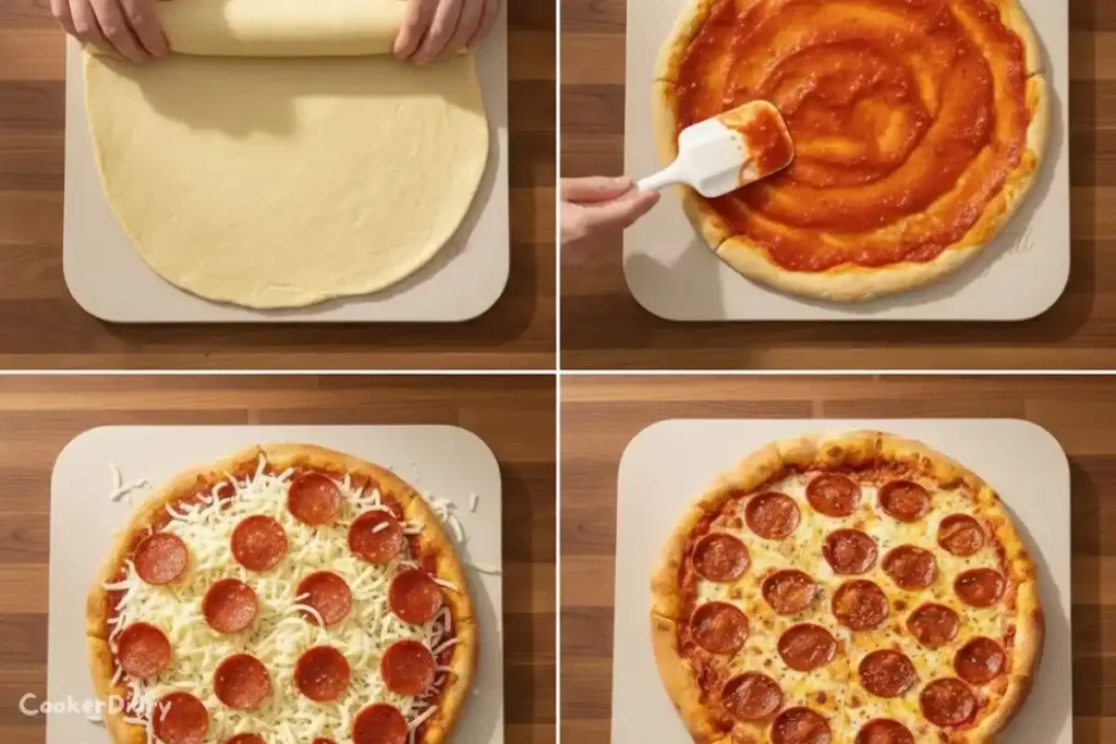 Four-step composite showing the pizza from dough prep to finished baked pizza.
