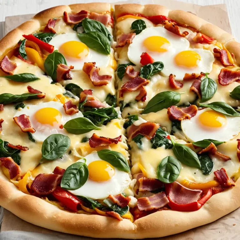 A delicious breakfast pizza topped with eggs, cheese, and vegetables, perfect for school meals.