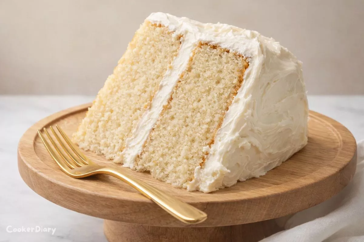 Angled close-up of sliced gluten free vanilla cake showing soft crumb.