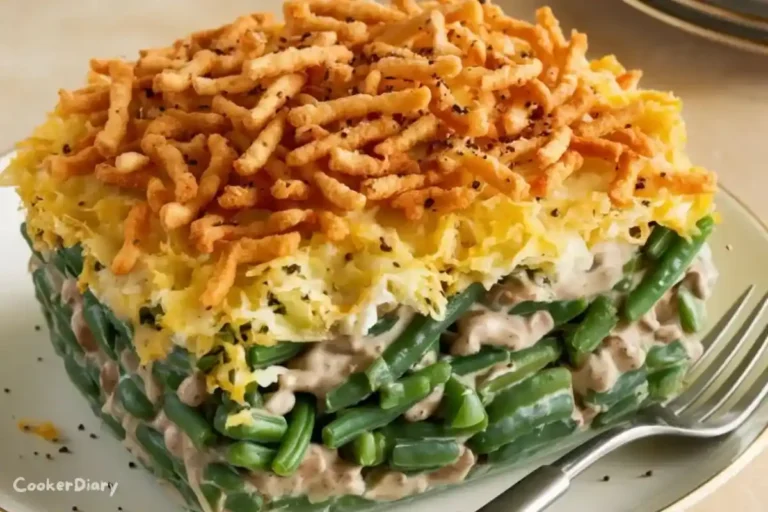 Green bean casserole topped with crispy fried onions in a white dish.