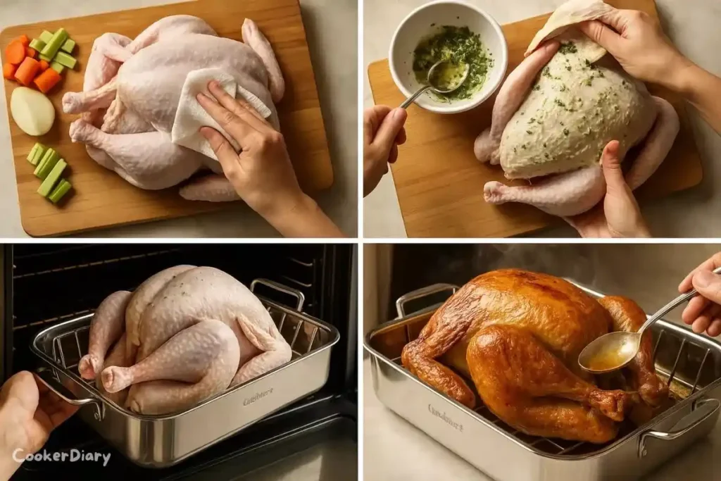 Four-step visual guide showing how to roast a turkey in the oven