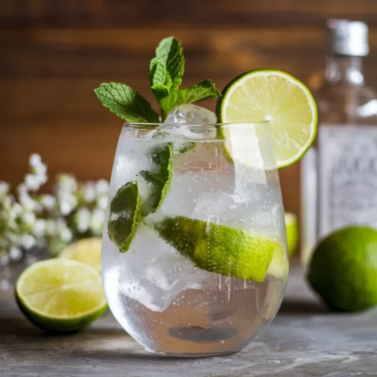 A refreshing Hugo Spritz cocktail garnished with mint and lime, served in a stylish glass on a sunny outdoor table.