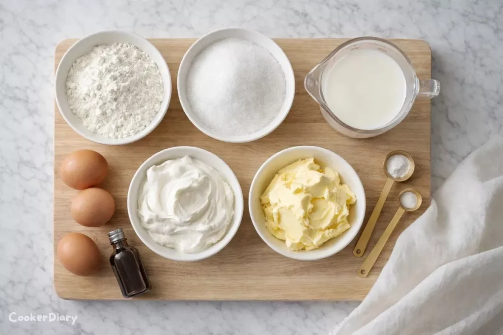 Flat lay of gluten free cake ingredients including flour, eggs, butter, and sugar.