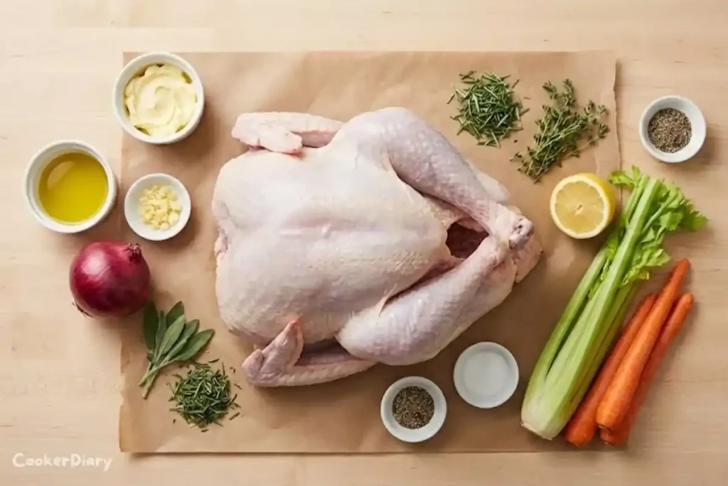 Flat-lay of raw turkey and ingredients for oven roasting