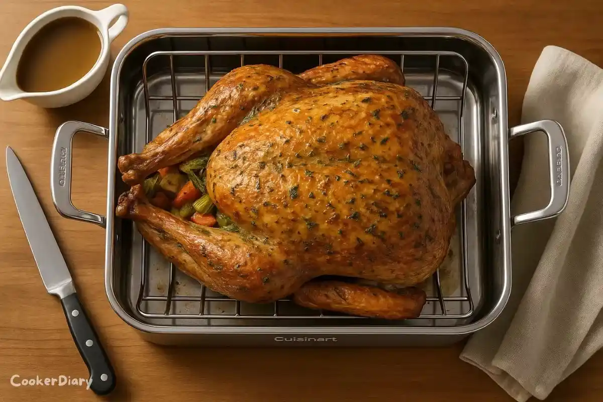 Top-down view of whole roasted turkey in stainless steel roaster with herbs and vegetables