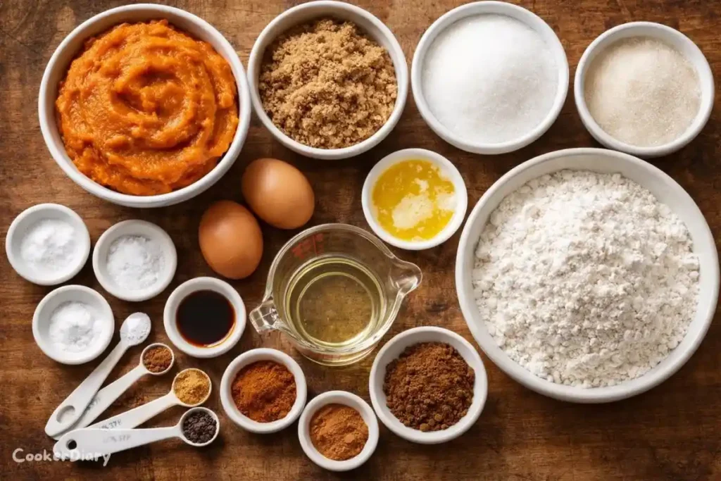 Flat-lay of ingredients for pumpkin bread on a wooden kitchen surface.