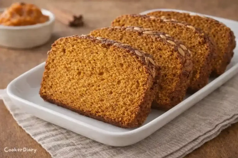 Angled close-up of sliced pumpkin bread in gray loaf pan showing soft interior.
