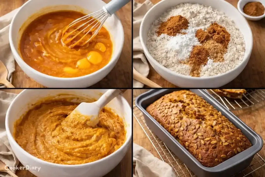 Four-step composite showing the process of making the recipe from mixing to baking.