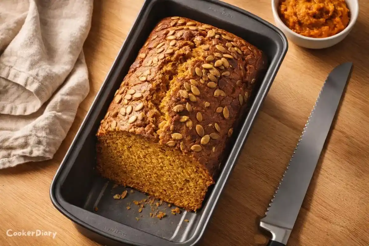 Top-down view of freshly baked pumpkin bread in a gray loaf pan on a wooden countertop.