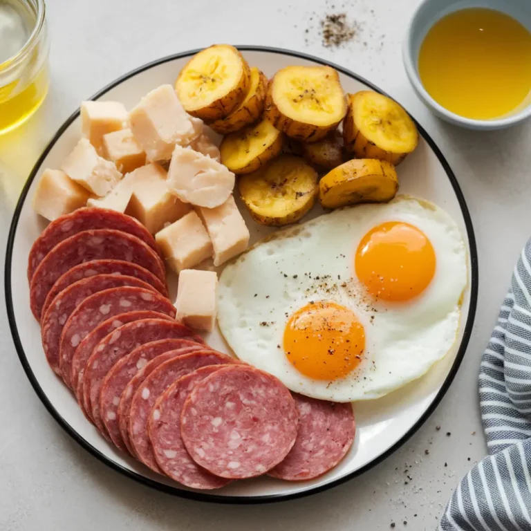 A plate of traditional Dominican breakfast featuring fried salami, eggs, and accompaniments like cassava and avocado.