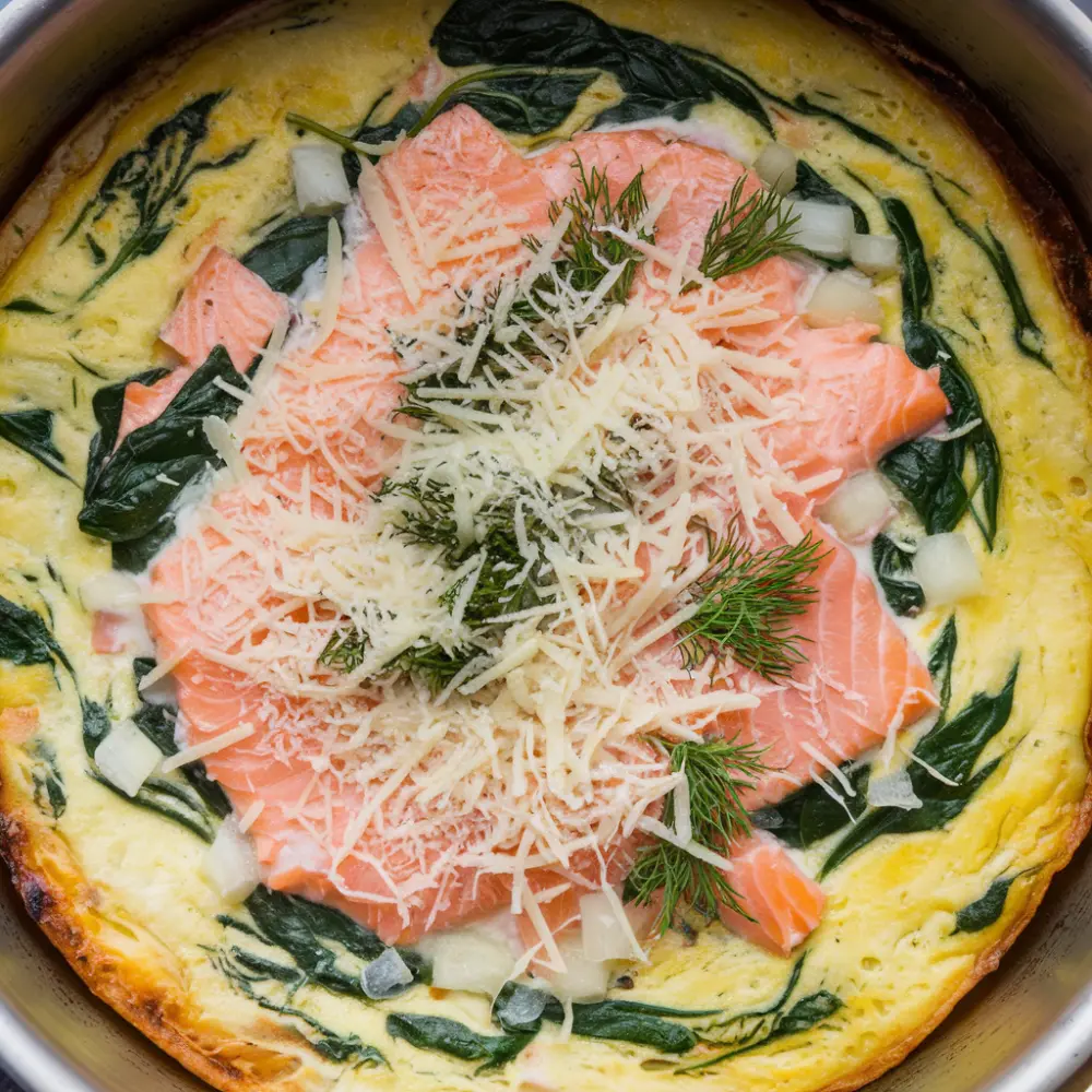 A golden-brown salmon frittata garnished with fresh herbs, served on a white plate with a side of greens.
