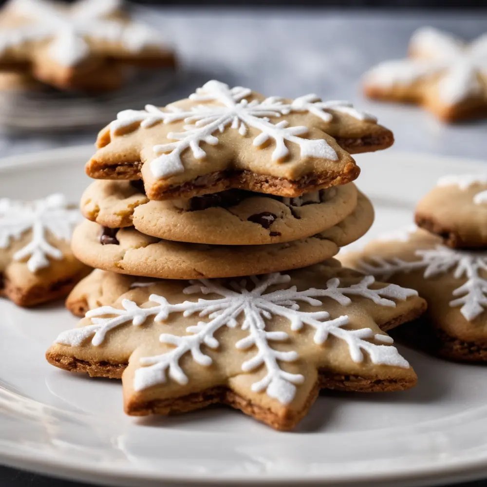 A plate of soft, frosted Christmas cookies shaped like delicate snowflakes, dusted with powdered sugar.