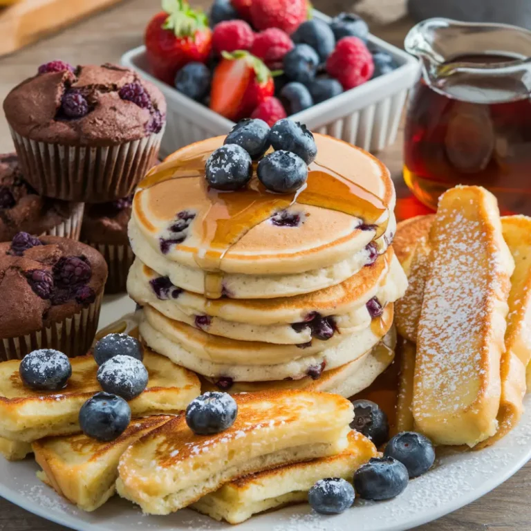 A plate of fluffy pancakes topped with fresh berries, whipped cream, and a drizzle of honey, perfect for a sweet breakfast.