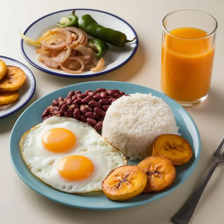 A vibrant plate of mangú, fried eggs, salami, and fried cheese, representing a traditional Dominican breakfast.