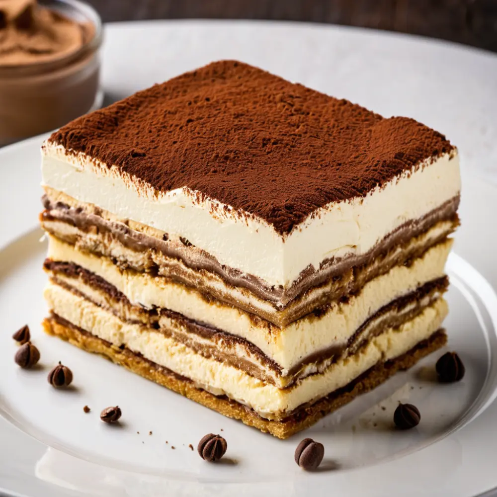 A delicious slice of tiramisu on a plate, featuring layers of coffee-soaked ladyfingers and creamy mascarpone.