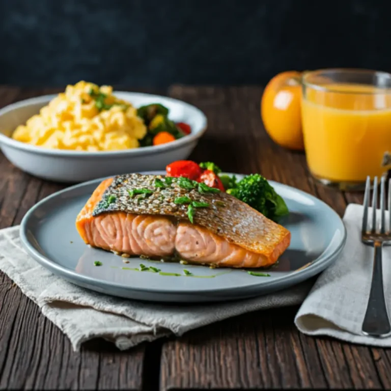 A beautifully plated baked salmon breakfast dish with eggs, greens, and toast on a wooden board.