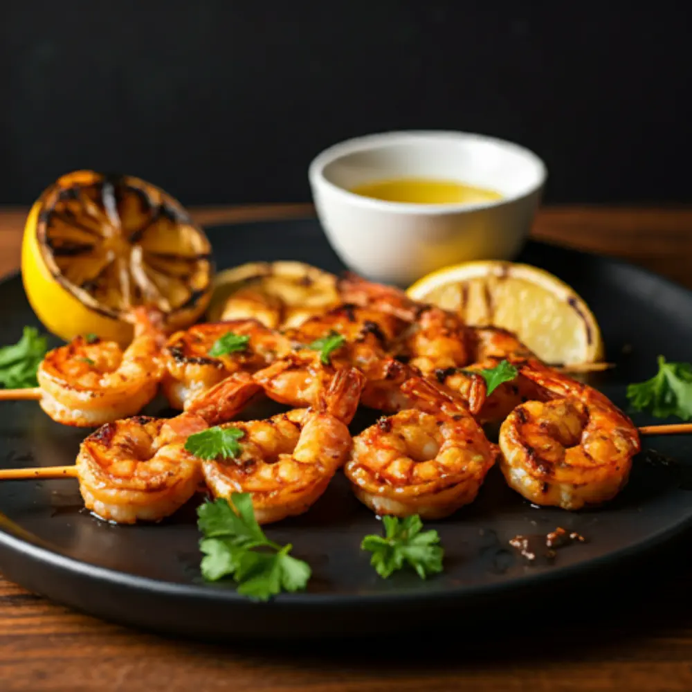 A delicious BBQ shrimp dish served on a plate with grilled shrimp coated in smoky barbecue sauce, garnished with fresh herbs.