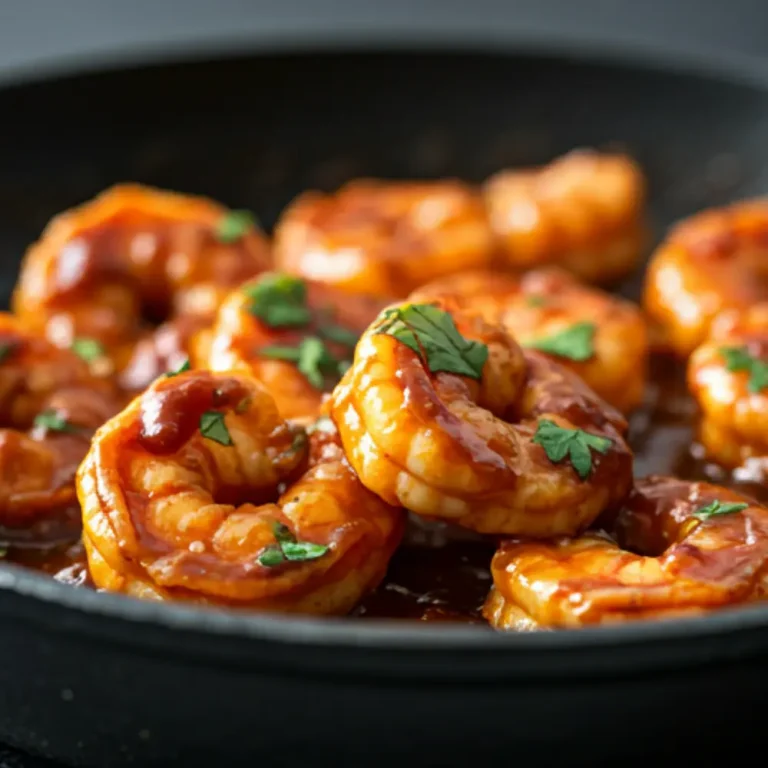 A vibrant plate of grilled shrimp coated in a smoky, tangy BBQ sauce, garnished with fresh herbs.
