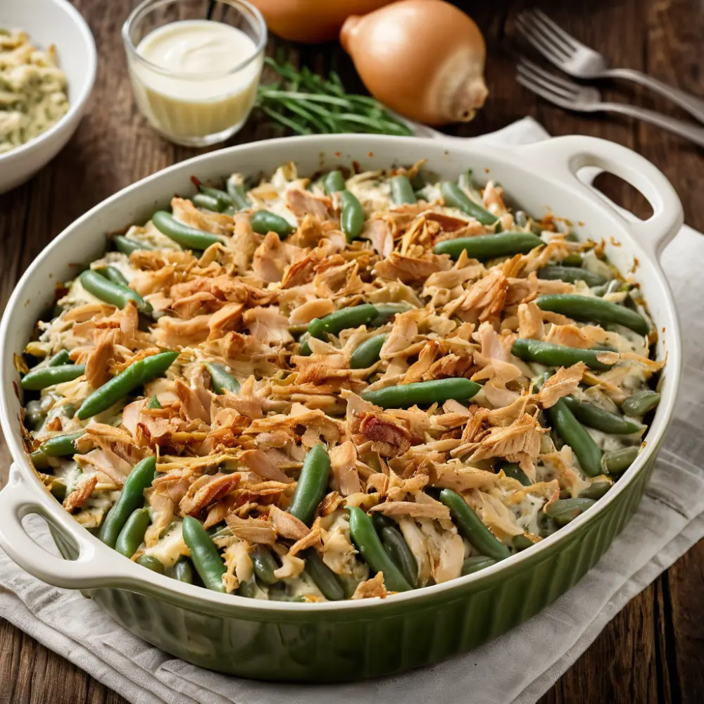 A golden-brown bean casserole topped with crispy breadcrumbs and herbs, served in a baking dish.