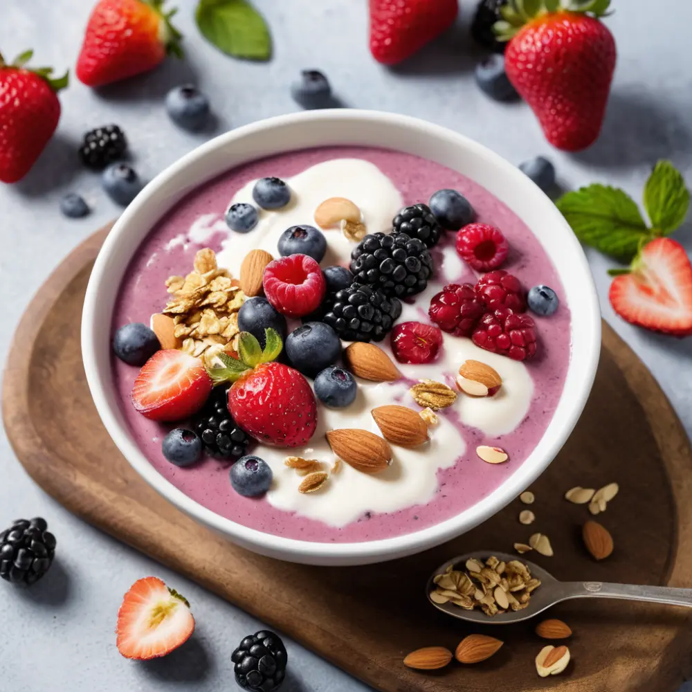 A vibrant berry smoothie bowl topped with fresh strawberries, blueberries, granola, and a drizzle of honey.