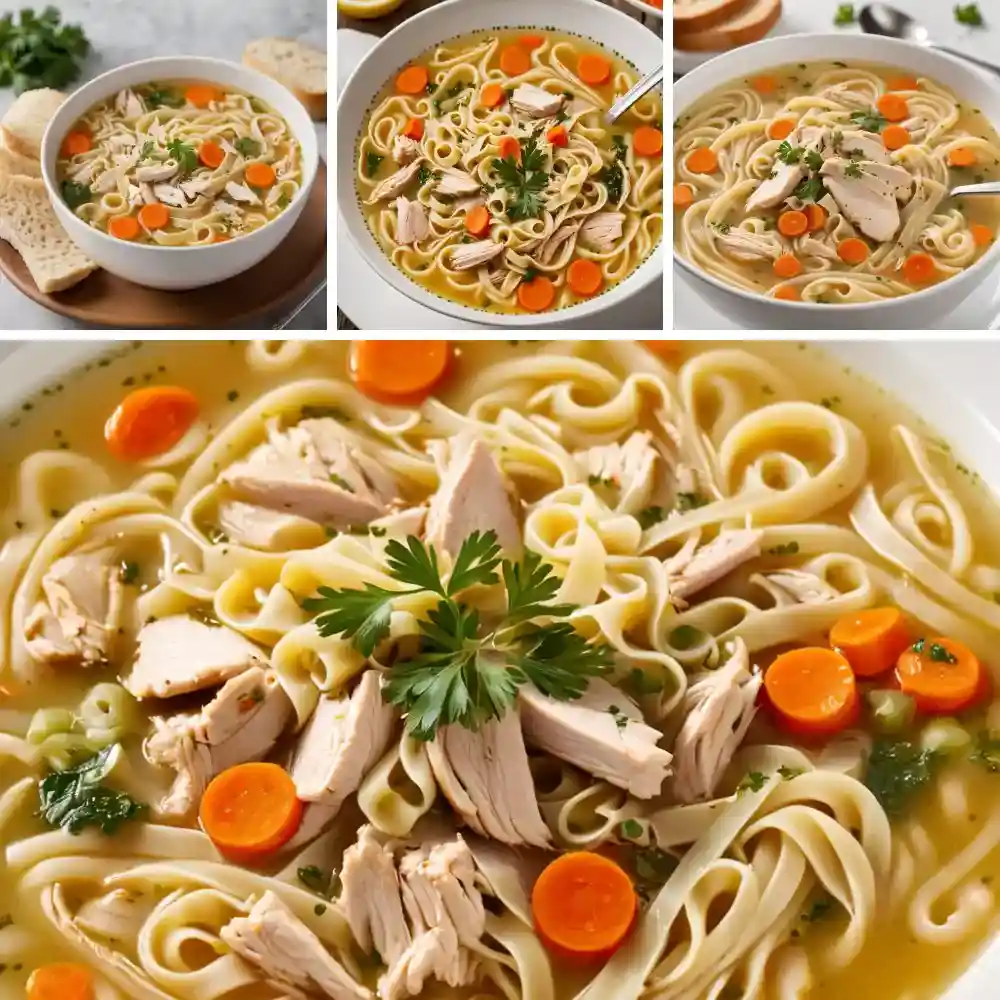 A steaming bowl of homemade chicken noodle soup with tender chicken, vegetables, and egg noodles in a rich broth.