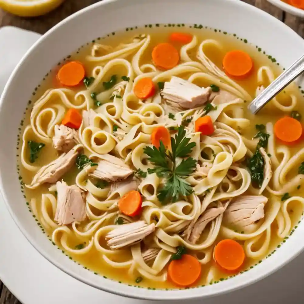 A steaming bowl of homemade chicken noodle soup with tender chicken, vegetables, and noodles in a golden broth.