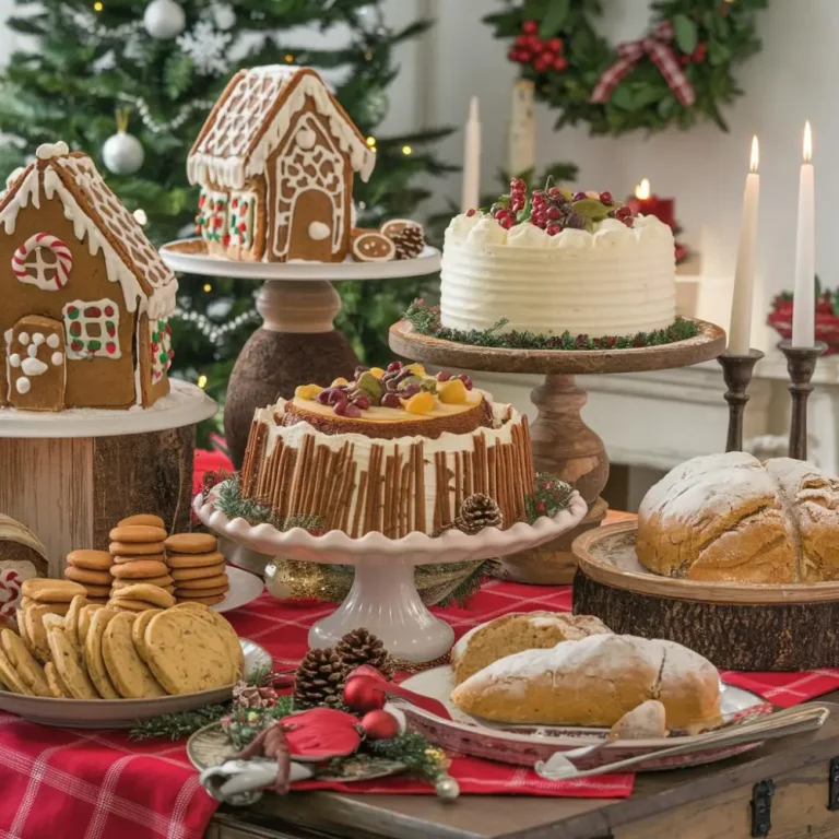 A festive table spread featuring an assortment of traditional Christmas desserts, including cookies, cakes, and puddings.