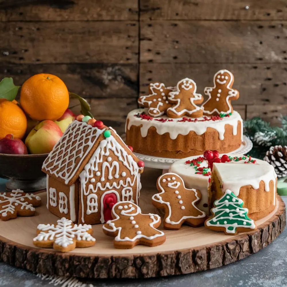 A festive Christmas dessert table featuring gingerbread cookies, cakes, and other holiday treats, beautifully decorated for the season.