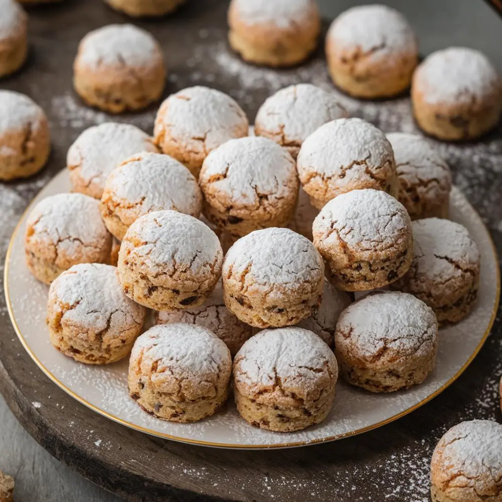 A plate of festive Russian tea cakes dusted with powdered sugar, perfect for Christmas celebrations.