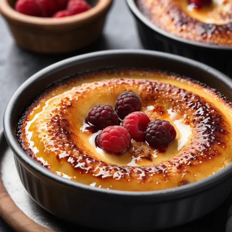 A beautifully presented crab brulee dish with a golden-brown sugar crust, showcasing an elegant seafood dessert or appetizer.