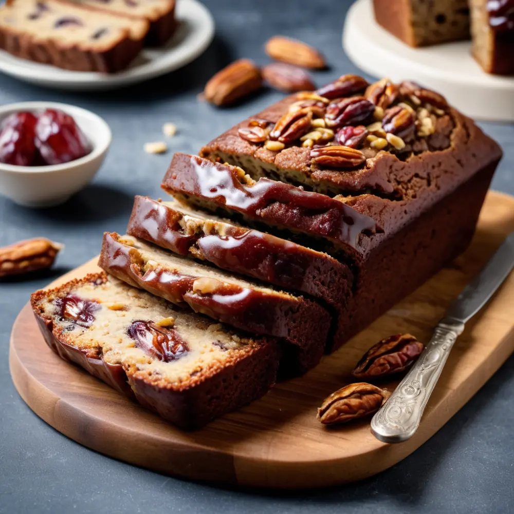 A close-up of a delicious date nut bread slice, showcasing its rich texture and sweet flavor.