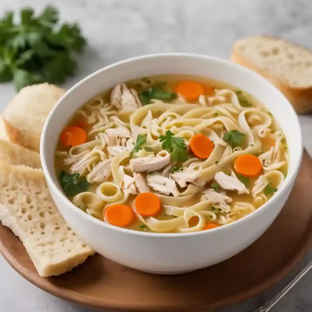 A steaming bowl of homemade chicken noodle soup with tender chicken, noodles, and fresh herbs.