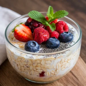 A jar of creamy overnight oats topped with fresh fruits, nuts, and seeds, perfect for a healthy breakfast.