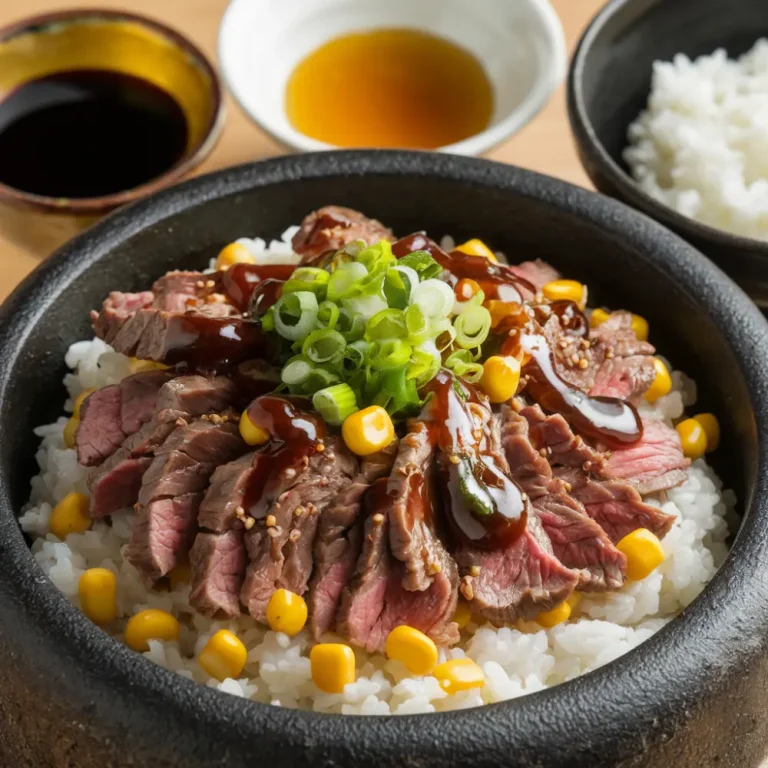 A steaming pepper lunch recipe bowl filled with tender beef slices, vibrant vegetables, and a rich pepper sauce, served in a sizzling hot skillet.