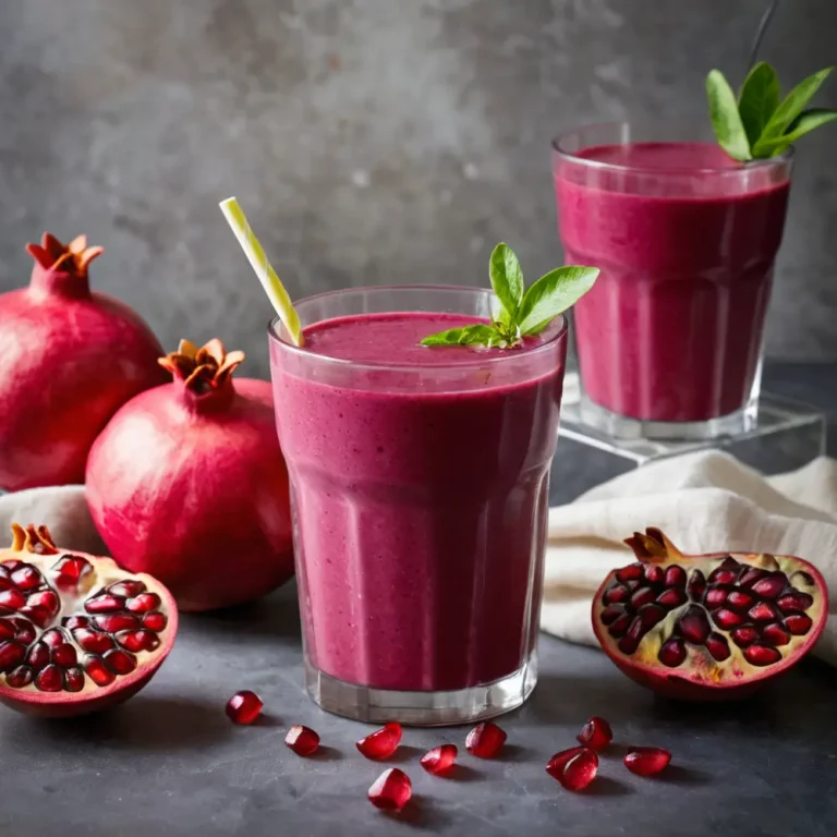 A vibrant glass of pomegranate smoothie topped with pomegranate seeds, showcasing its rich color and refreshing appeal.