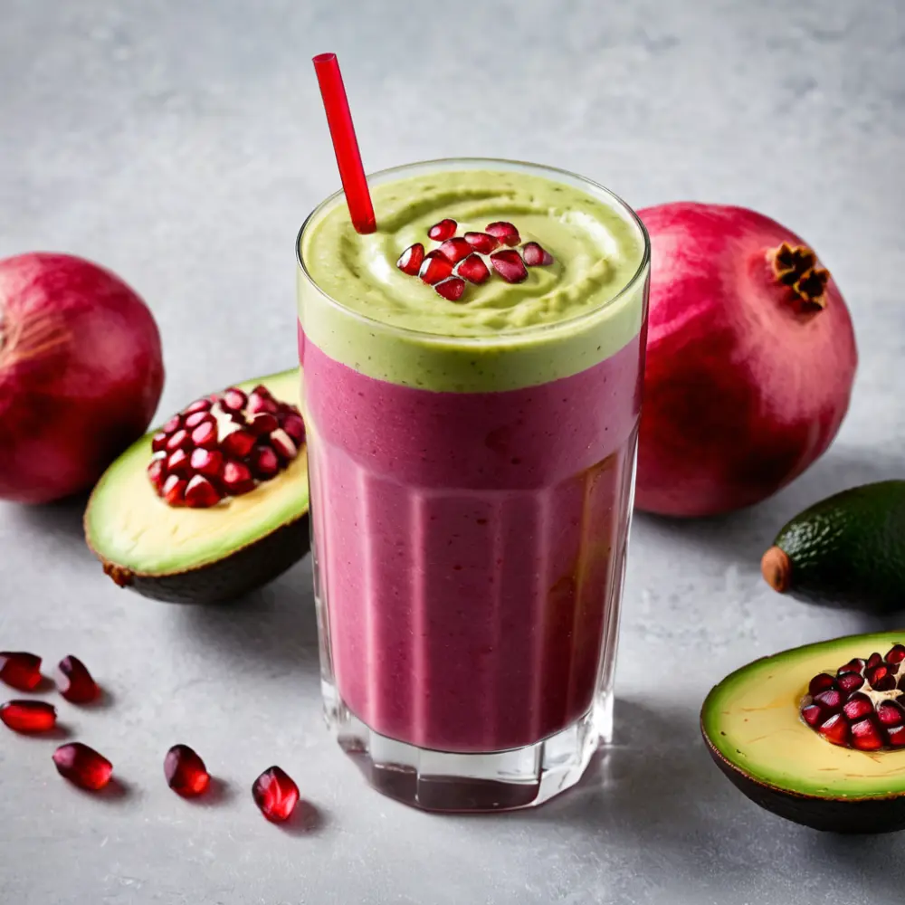 A vibrant glass of pomegranate and avocado smoothie garnished with pomegranate seeds and a slice of avocado on the side.