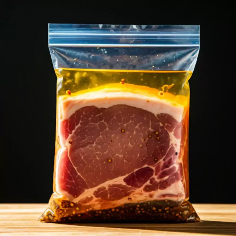 A juicy pork loin submerged in a flavorful brine solution, highlighting the preparation process for tender and moist meat.