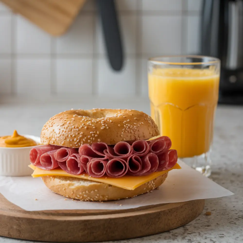 A delicious salami sandwich with layers of thinly sliced salami, fresh vegetables, and cheese on rustic bread.