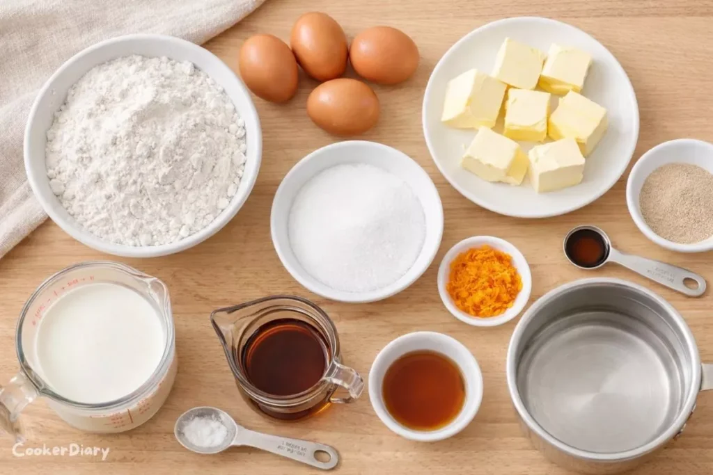 Flat-lay of raw ingredients for Baba au Rhum on a wooden surface.