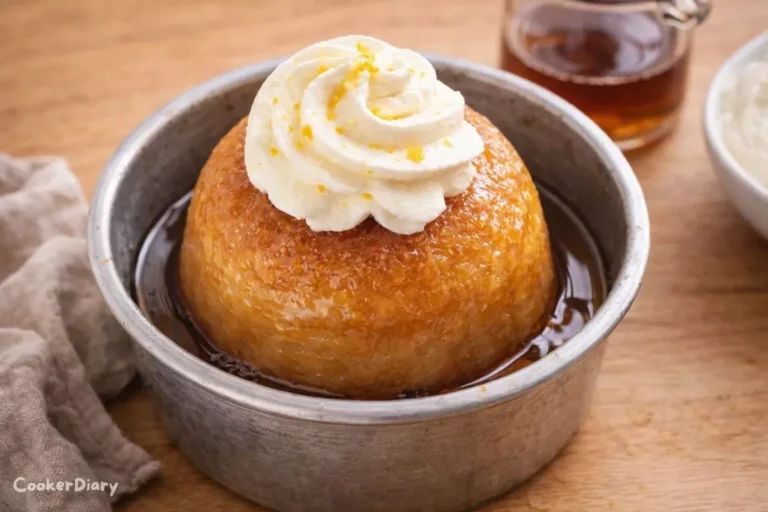 Angled close-up of Baba au Rhum showing golden cake, syrup, and whipped cream.