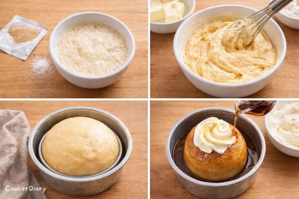 Four-step composite illustrating how to make the recipe from sponge to syrup-soaked cake.
