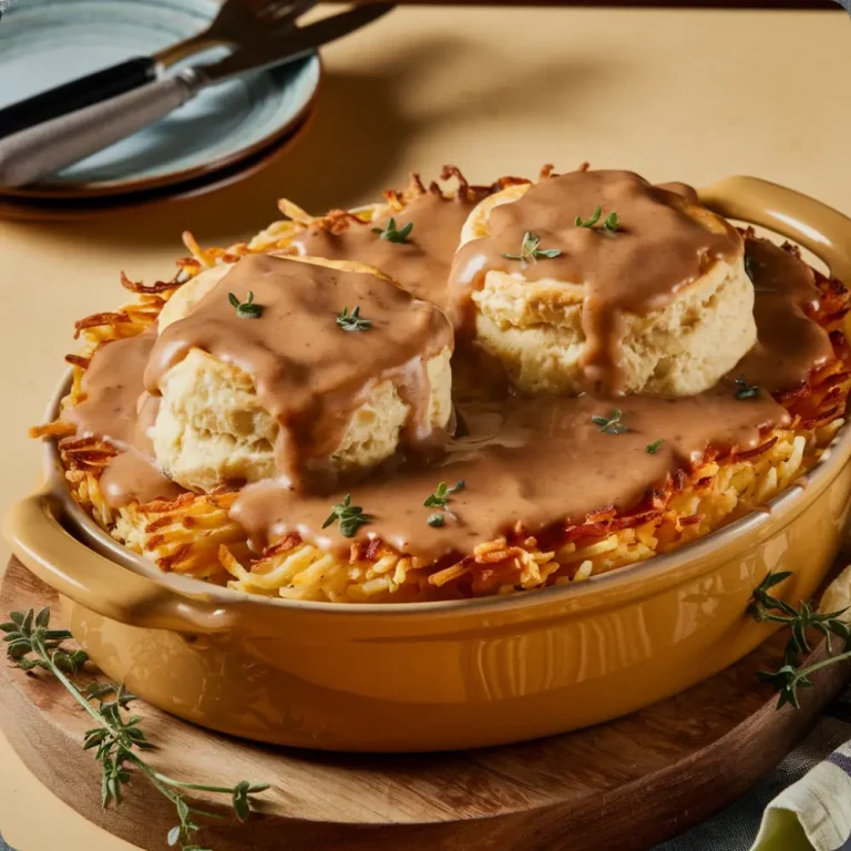 A golden-brown biscuits and gravy casserole layered with crispy hash browns, sausage, and creamy gravy.