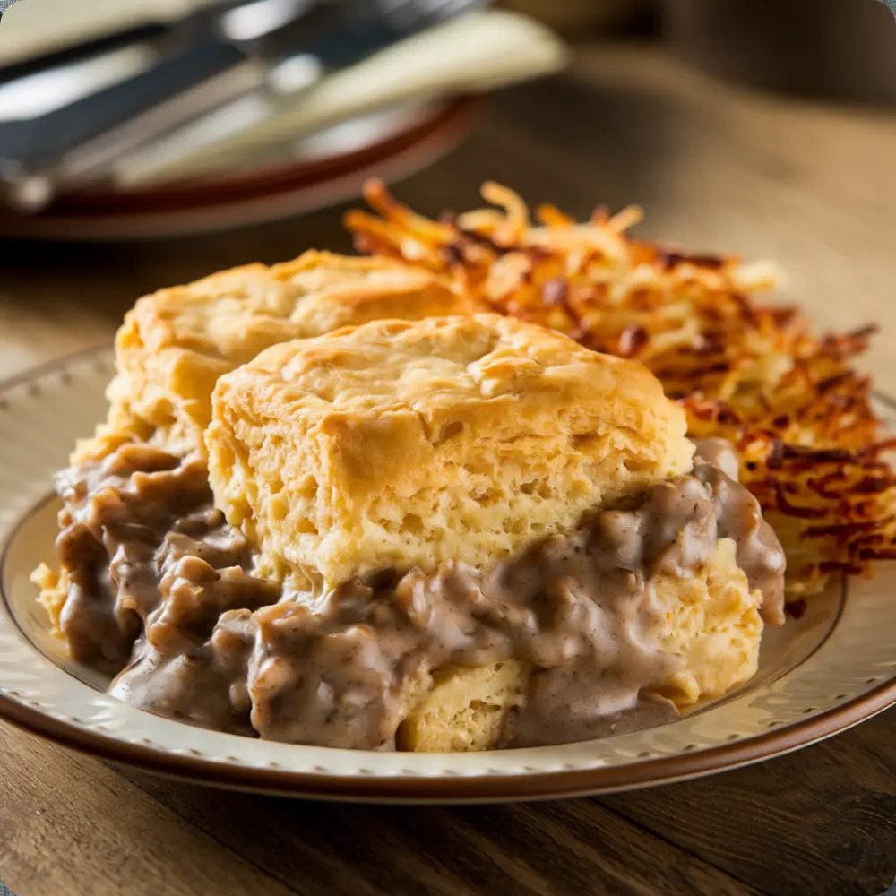 A golden-brown biscuits-and-gravy casserole topped with creamy gravy and herbs, served in a baking dish.