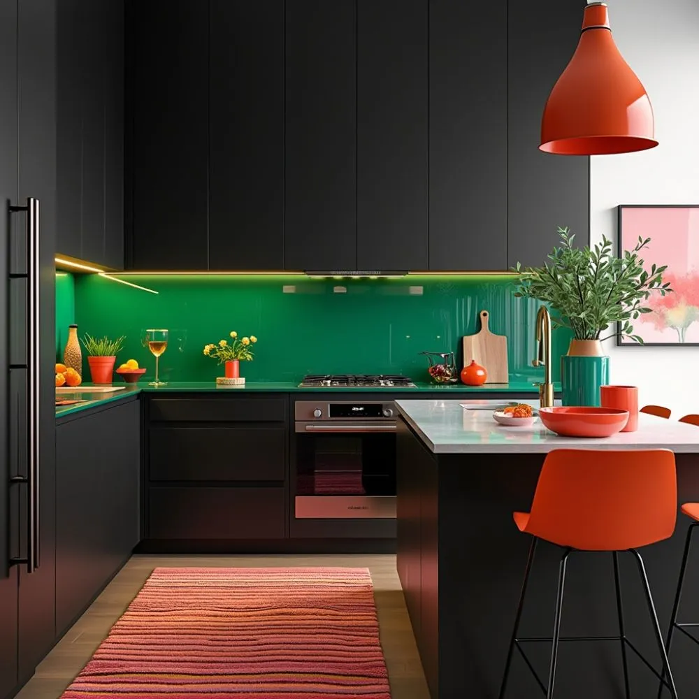 A modern black kitchen featuring vibrant accents like yellow bar stools, green plants, and colorful dishware for a lively contrast.