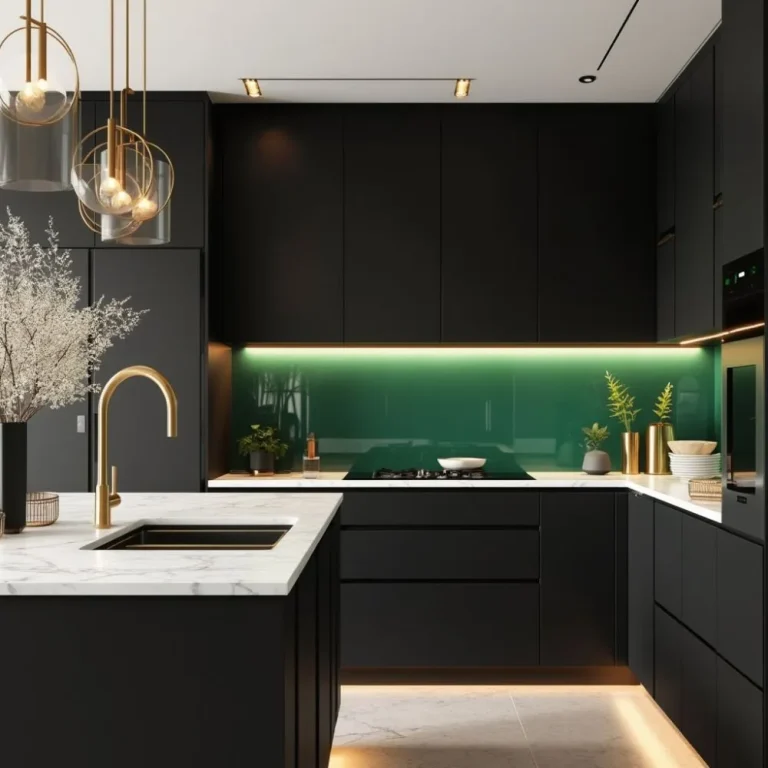 A modern kitchen featuring sleek black kitchen cabinets, offering an elegant and bold design statement.